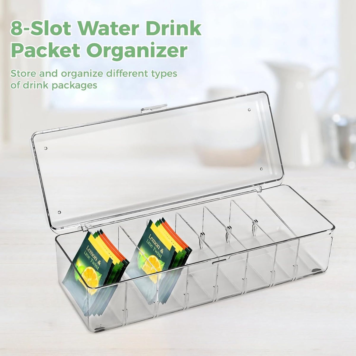 Generic Clear Tea Bag Holder with Lid, 8-Slot Tea Bag Organizer, Drink Packet Holder, Pantry Storage Divider Container with Label Stickers Zip Ties, Clear Beverage Bag Storage Bin for Kitchens Office