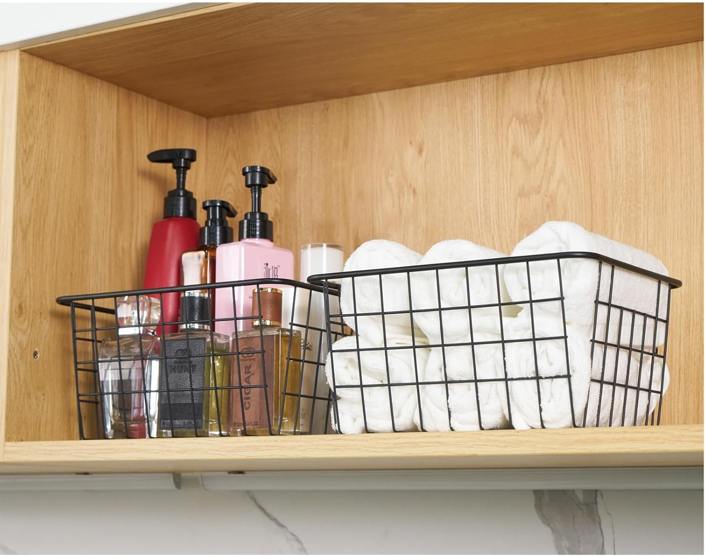 JUNCHU CHERRY Wire Kitchen Storage Basket 3 Packs,Perfect Pantry Organization Accessories Baskets,Laundry Basket,Countertop Organization,Suitable for Kitchen,Bathroom,Bedroom,Tabletop,Stackable,Black