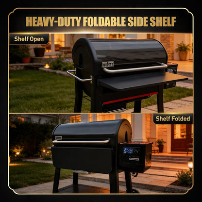 QuliMetal Folding Front Shelf for Traeger Pro 34, Texas Elite 34, Century 885 and Eastwood 34, 37" x 12" Heavy-Duty Grill Prep Table with Cutting Board, Stainless Steel Basin, Lid and 5 Hooks