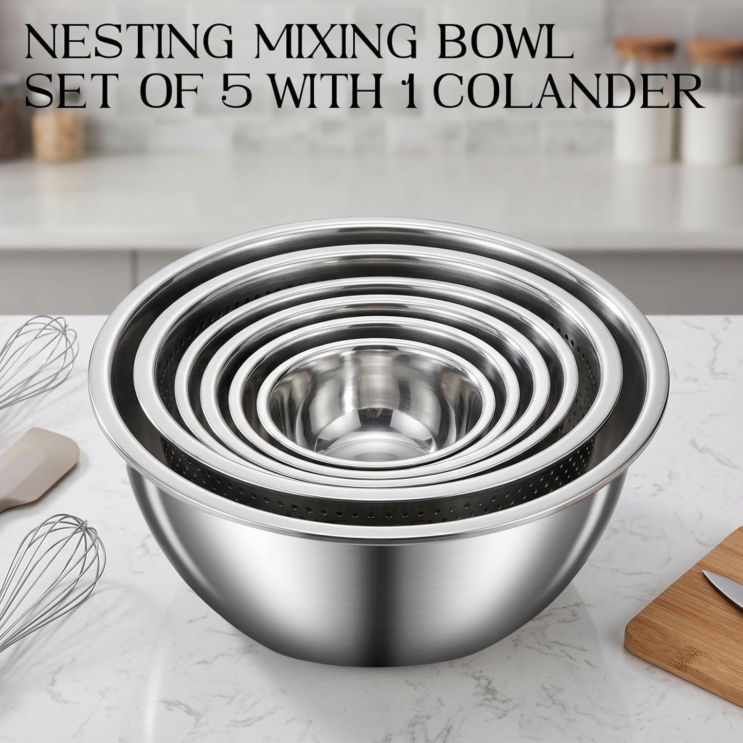 DUTZUN Heavy-Duty Stainless Steel Mixing Bowls Set of 5 plus 3QT Colander, Nesting Kitchen Metal Bowl for Baking Prep Salads Serving Cooking, Dishwasher Safe — 4.0 to 0.8 QT