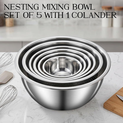 DUTZUN Heavy-Duty Stainless Steel Mixing Bowls Set of 5 plus 3QT Colander, Nesting Kitchen Metal Bowl for Baking Prep Salads Serving Cooking, Dishwasher Safe — 4.0 to 0.8 QT