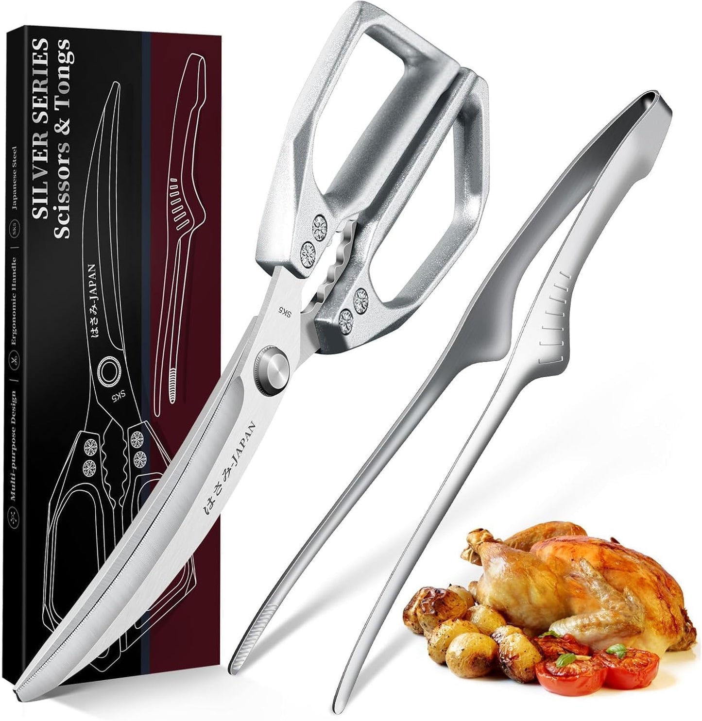 HUUSK Kitchen Scissors Set Silver - Stainless Steel Kitchen Shear, Sharp Meat Scissors, Heavy Duty Poultry Shears, Japanese Cooking Scissor for Food, Gifts for Men Women