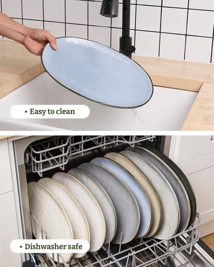 famiware Serving Platter, Oval 15.59/14.3/12.9inch Serving Dishes for Entertaining, Serving Bowls, Microwave Safe, Stoneware Serving Trays for Party, Food, Turkey, Cheese, Ocean Series, Vanilla White