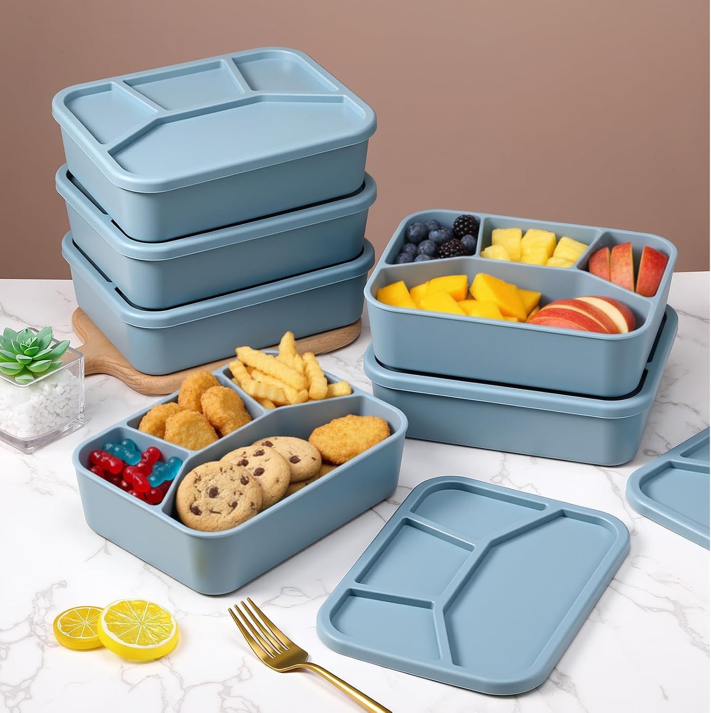 Honeydak 6 Pcs Silicone Bento Box Reusable Lunch Container 4 Compartment Snack Boxes with Lid Smooth LeakProof Rectangle Food Boxes for Adult Work Travel Food Storage (Cute Color)