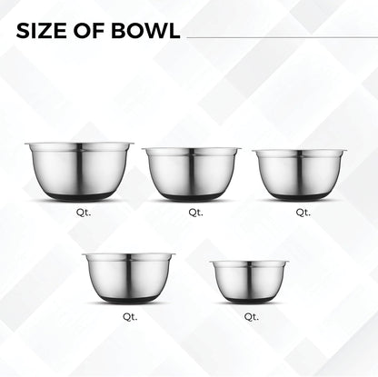 Avador Premium Stainless Steel Mixing Bowls with Lids Non-Slip, Set of 5 Mixing Bowl Set with Silicone Base, Space Saving, Great for Cooking, Baking, Prepping (0.25qt, 1qt, 1.5qt, 3qt, 5qt)