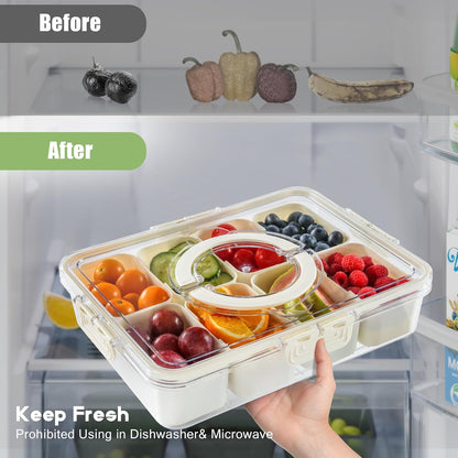 Snackle Box Container with Sealed Lid – Portable BPA-Free Snack Box with Foldable Handle, Divided Serving Tray for Fruit, Candy, Nuts & Veggies – Perfect for Travel, Picnic, Beach & Party 11.8" x 8.8"