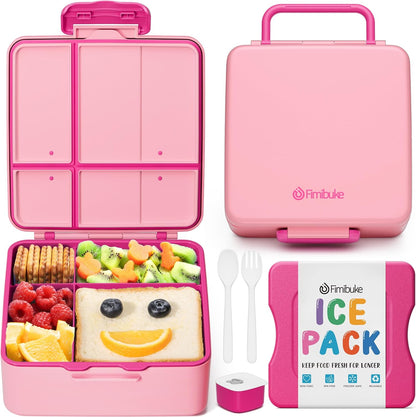 Fimibuke Chill Bento Box for Kids Adult, Leak Proof Toddler Lunch Box with Ice Pack Keep Food Cold, BPA Free 4 Compartment Lunch Container with Utensils for Girl Boy School, Microwave Dishwasher Safe