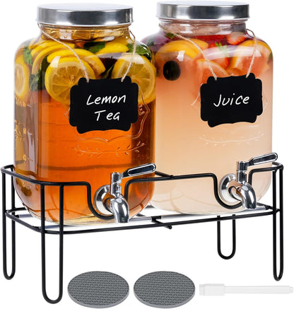 Bululuo Glass Drinks Dispenser for Parties, 2 Gallon Beverage Dispenser with Stand for Juice and Iced Tea, Water Jug Dispenser for Lemonade, Party Essential Beverage Pitcher with Spout
