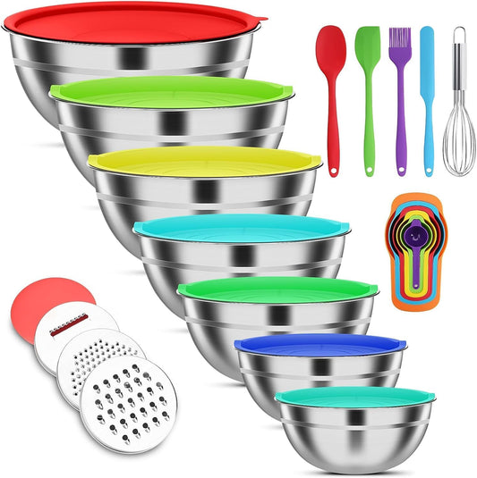 Stainless Steel Mixing Bowls Set with Lids & 3 Grater Attachments, Colorful