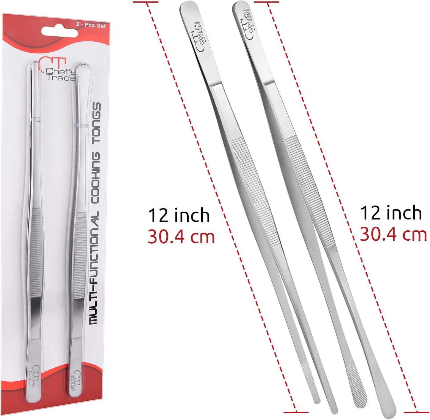 Chef's Trade Professional Kitchen & Cooking Tweezers/Tongs 12" Stainless Steel Multi-Use