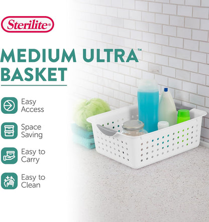 Sterilite 6-Pack Medium Ultra Basket, Open Top Plastic Storage Organizer, White - Classic Baskets for Organizing Countertops, Pantry Shelves, Kitchen Cabinets, Laundry Rooms or Home Offices