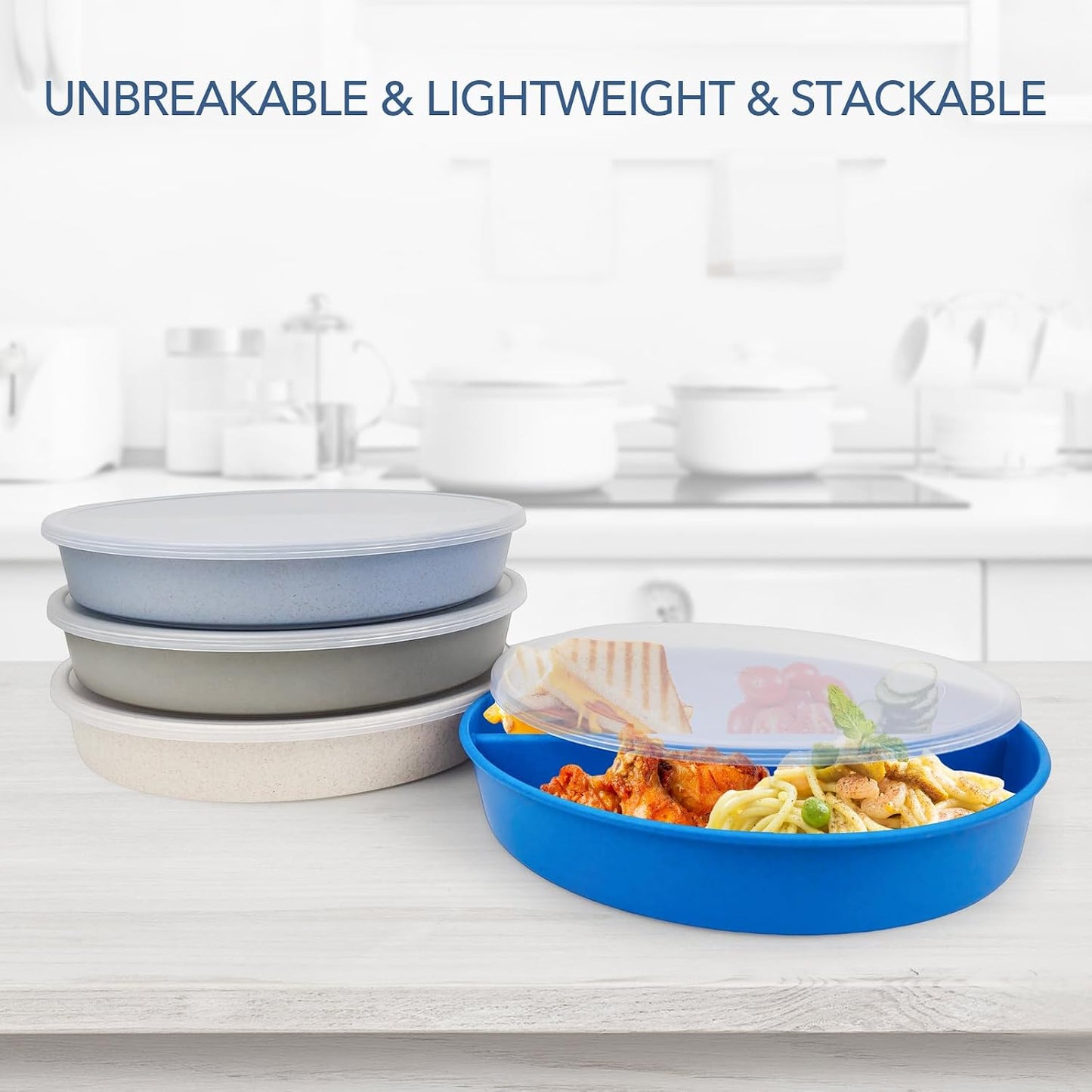 greenandlife 9 Inch 4PCS Portion Control Plates with Lids, Divided Plates for Kids Adults, Dishwasher Microwave Safe Compartment Plate, Unbreakable Lightweight Reusable Wheat Straw Plate, Earth Tone