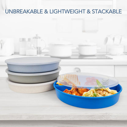 greenandlife 9 Inch 4PCS Portion Control Plates with Lids, Divided Plates for Kids Adults, Dishwasher Microwave Safe Compartment Plate, Unbreakable Lightweight Reusable Wheat Straw Plate, Earth Tone