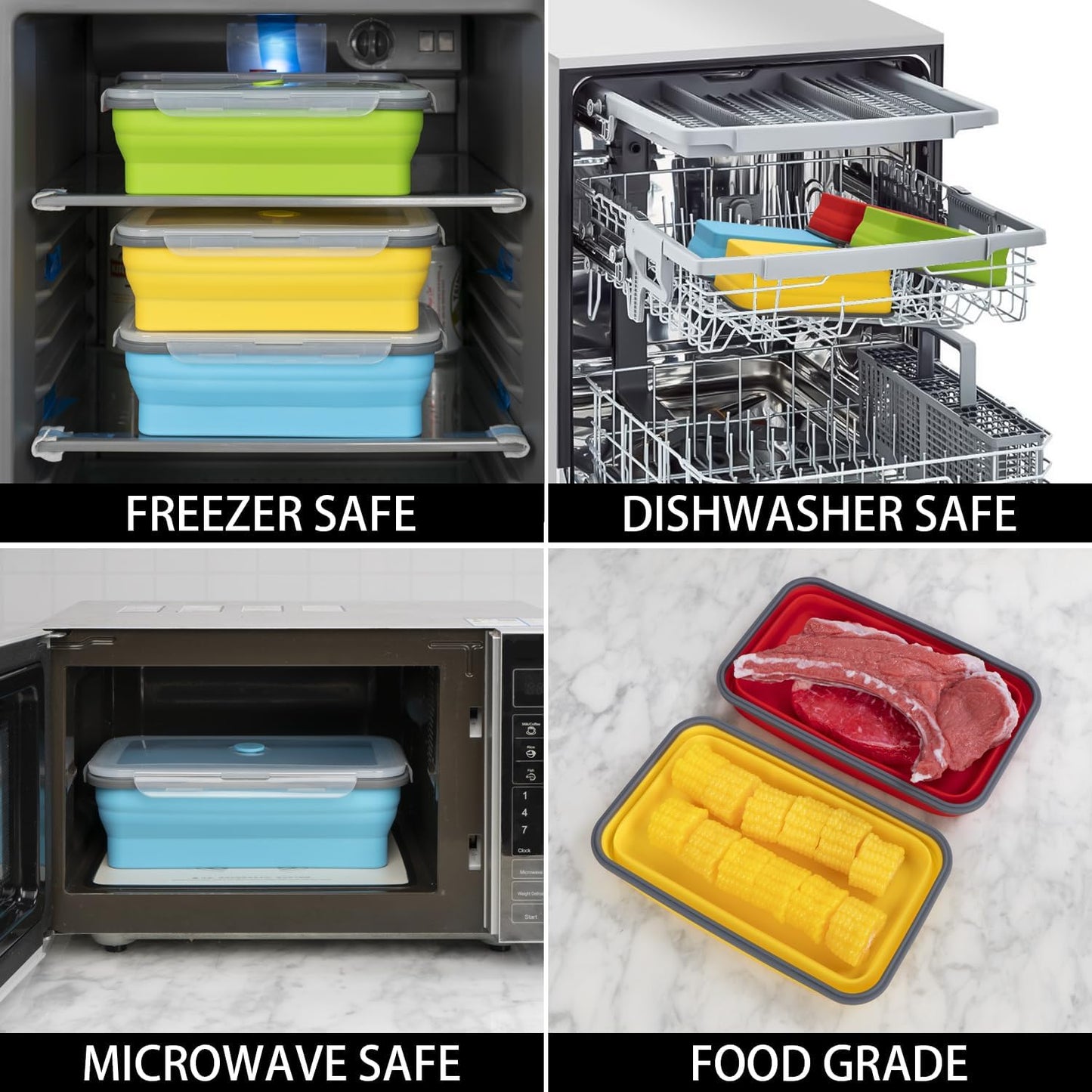 Collapsible Food Storage Containers with Lids, 4 Pack, 40 oz Silicone 1-Compartment Meal Prep Containers Reusable, Lunch Bento Boxes for Adults, Microwave Freezer Dishwasher Safe, BPA-Free, Black