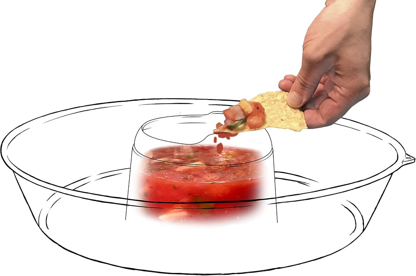 Jokari Less Mess Drip Free Chips and Dip 14 Inch Serving Bowl. Rimmed Platter to Scrape Extra Dip, Sauce, Queso, Salsa Guac or Dressing Off Chips, Fruit, Veggies, Soft or Hard Pretzels, Wings and More