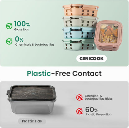 GENICOOK Glass Food Storage Containers With Glass Lids Bento Box Set Lunch Box Eco Friendly Meal Prep Containers Airtight – Plastic Free, Silicon Sleeve Bpa Free 4.4cup/ 5 * 1050ml
