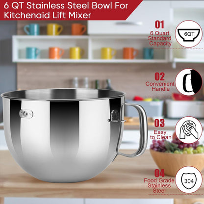 Stainless Steel Bowl Compatible with Kitchenaid Mixer 4.5/5QT，With Grey Lid,5 Quart Stainless Bowl for Kitchen Aid Mixing,With Green Lid