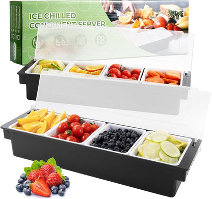 WICHEMI Fruit, Veggie & Condiment Caddy with Lid Dispenser Tray Plastic Garnish Station for Bartending & Serving Taco, Ice Cream, Salad Bar - Topping Organizer for Restaurant Supplies (3 Compartment)