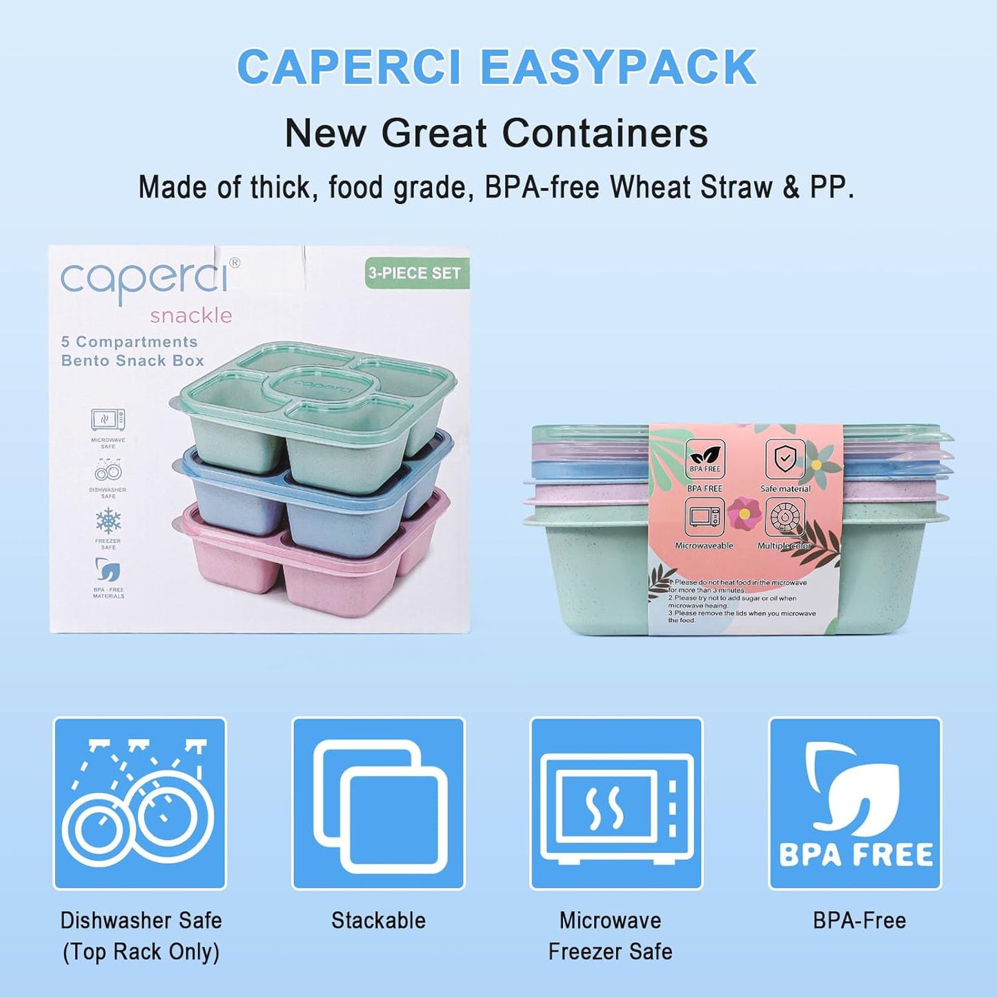 Caperci 5-Pack Lunchable Container Set for Kids & Adults - Reusable Bento Snack Box Containers with 5-Compartment for Food Storage & Meal Prep, Wheat Straw, BPA-Free (Dark & Clear Lids)