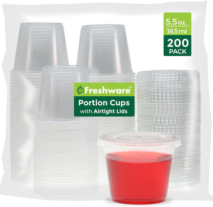 Freshware Plastic Portion Cups with Lids [2 Ounce, 200 Sets] Disposable Plastic Cups for Meal Prep, Salad Dressing, Jellos Shot Cups, Souffle Cups, Condiment and Dipping Sauce Cups