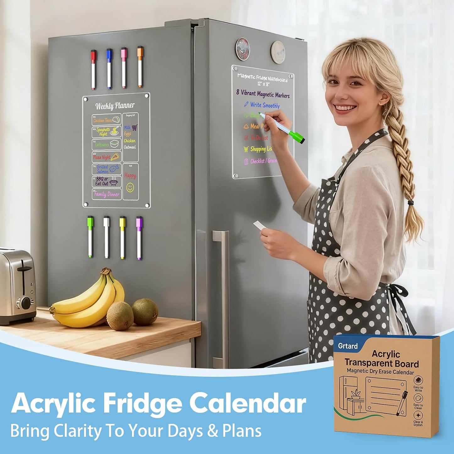 Grtard 3 Pack Acrylic Calendar for Fridge, Magnetic Calendar for Refrigerator, 16"x12" Dry Erase Whiteboard Fridge Calendar,2026 Clear Monthly Weekly Daily Memo Planning Board with 8 Markers