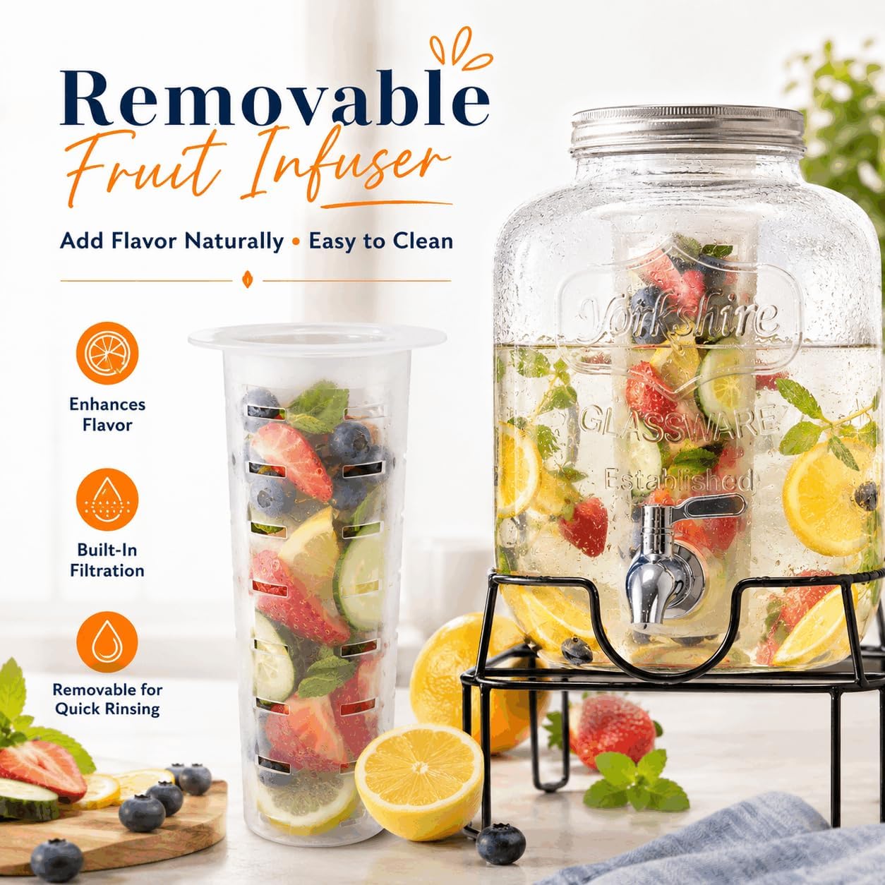 2-Pack 1-Gallon Glass Drink Dispensers with Heavy-Duty Wire Stand - 304 Stainless Steel Spigot & Mixing Spoon - 100% Leakproof Mason Jar Beverage Dispenser for Parties, Fridge, Kombucha - Wide Mouth
