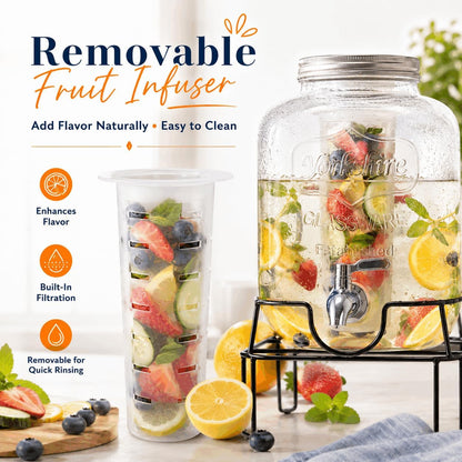 2-Pack 1-Gallon Glass Drink Dispensers with Heavy-Duty Wire Stand - 304 Stainless Steel Spigot & Mixing Spoon - 100% Leakproof Mason Jar Beverage Dispenser for Parties, Fridge, Kombucha - Wide Mouth
