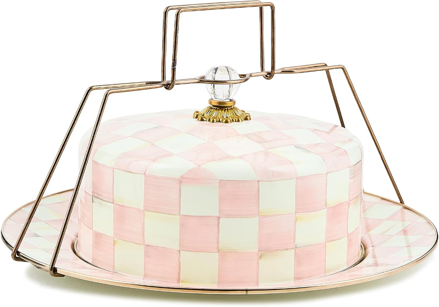 MACKENZIE-CHILDS Cake Carrier, Cake-Dish Serving Platter with Lid and Handles, White Flower Market with Black-and-White Courtly Check