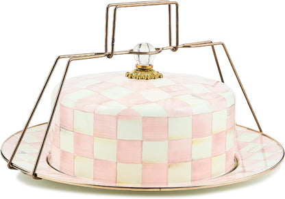 MACKENZIE-CHILDS Cake Carrier, Cake-Dish Serving Platter with Lid and Handles, White Flower Market with Black-and-White Courtly Check
