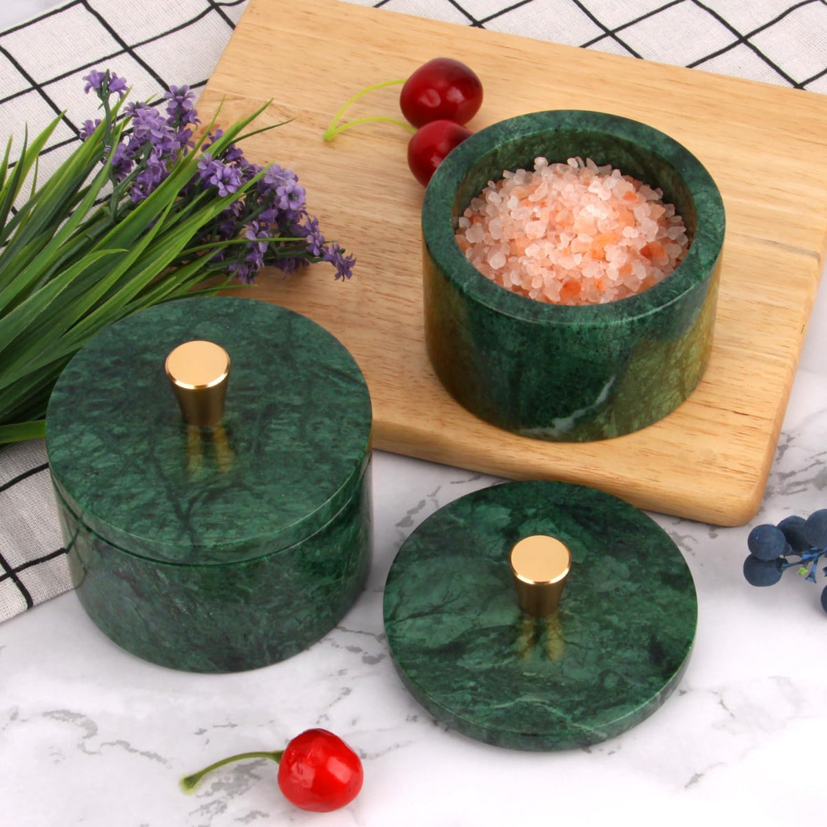 Marble Salt Cellar with Lid, Viva Jade, 4 inch