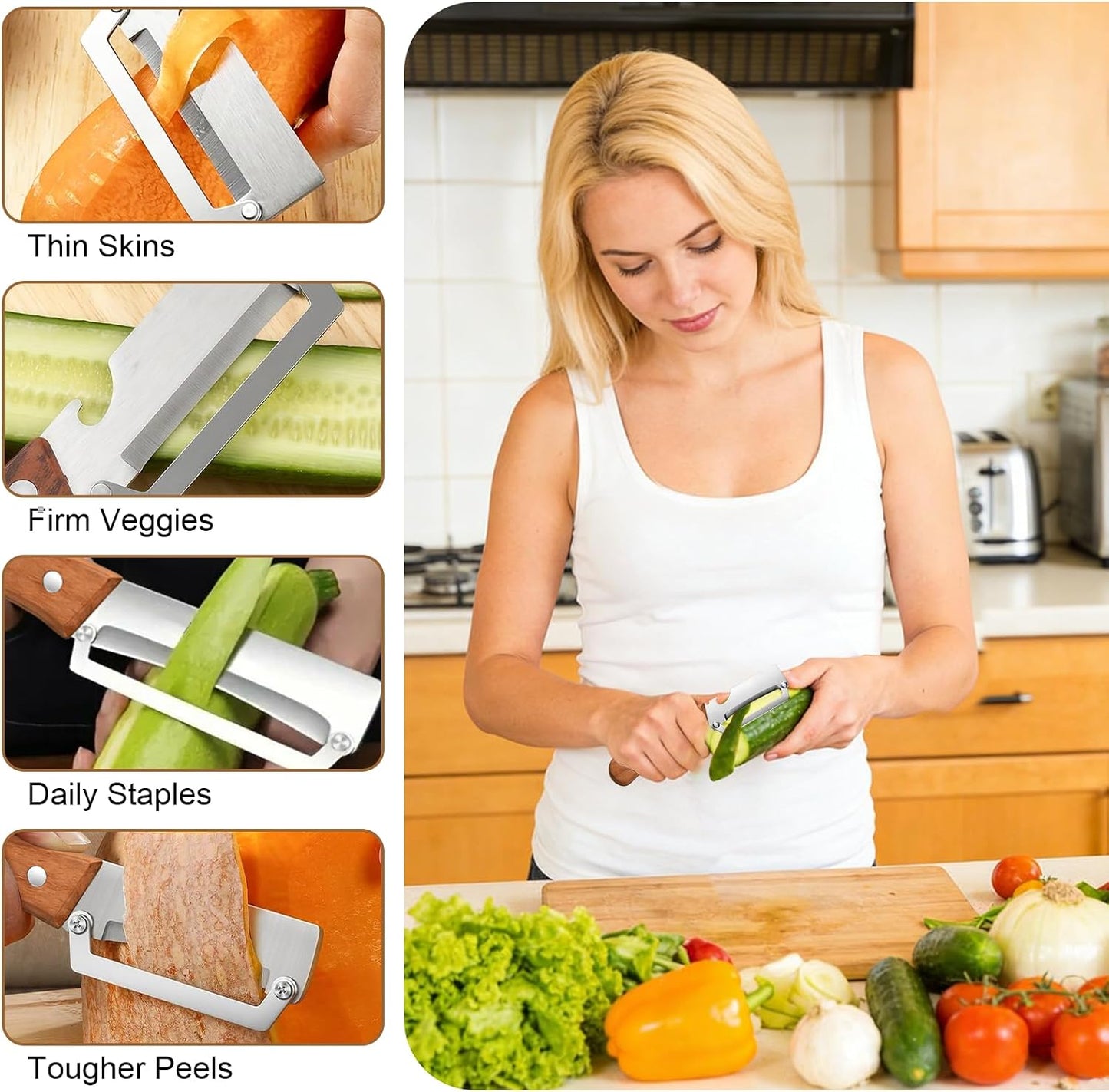 2026 Upgrade Vegetable Peeler With Wooden Handle, Stainless Steel Wide Blade Potato and Carrot Peeler, 3-in-1 Veggie Peeler With Scallion Shredder and Bottle Opener for Kitchen, Camping and Trave
