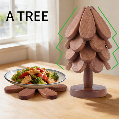 Vertdens Wooden Trivets for Hot Dishes, Hot Dish Coaster with Tree-Shaped Wood Collapsible Hot Pad Trivet Tree for Restaurant, 4 Wooden Trivet + 1 Stand（Walnut Wood）