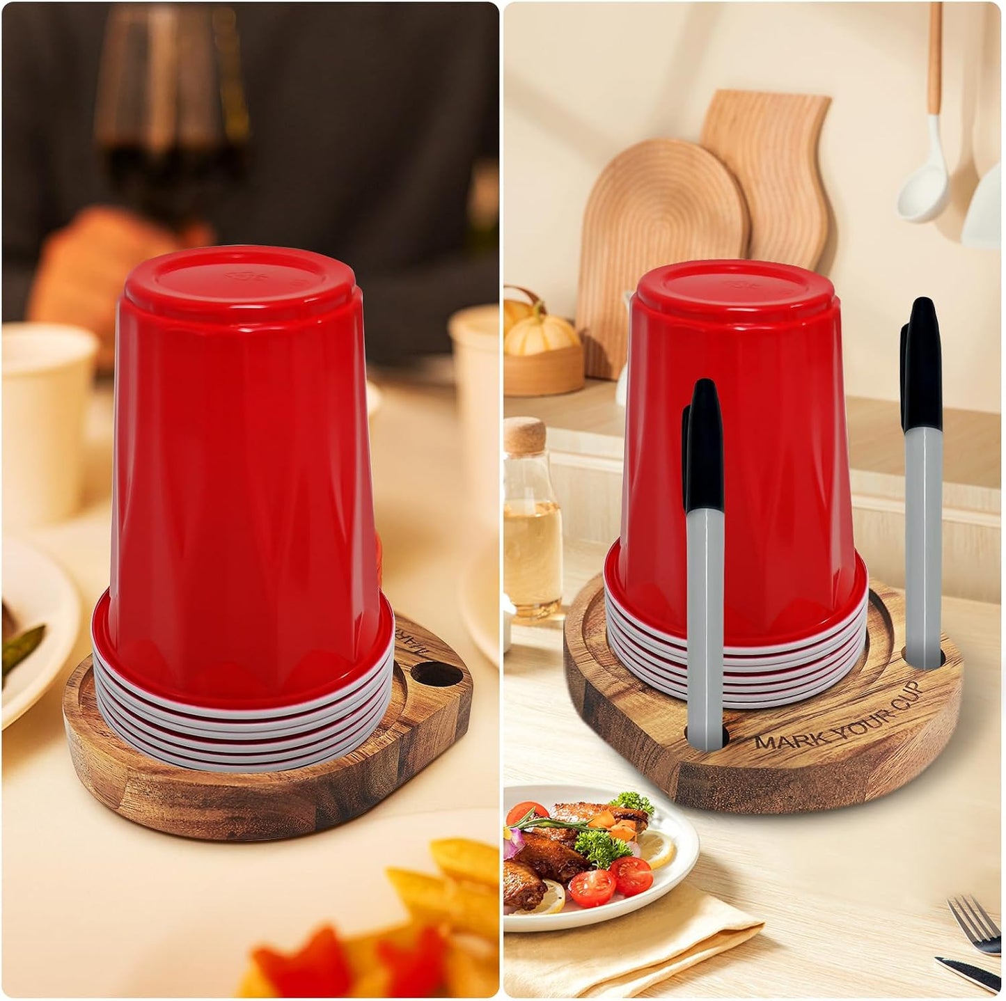 Party Cup Holder with Marker Slot, Acacia Wood Bathroom Cup Dispenser Mark Your Cup and Drink Up, Hosting Essential to Prevent Mix-Ups & Mark Your Cup for Birthdays, BBQs, Holiday Events