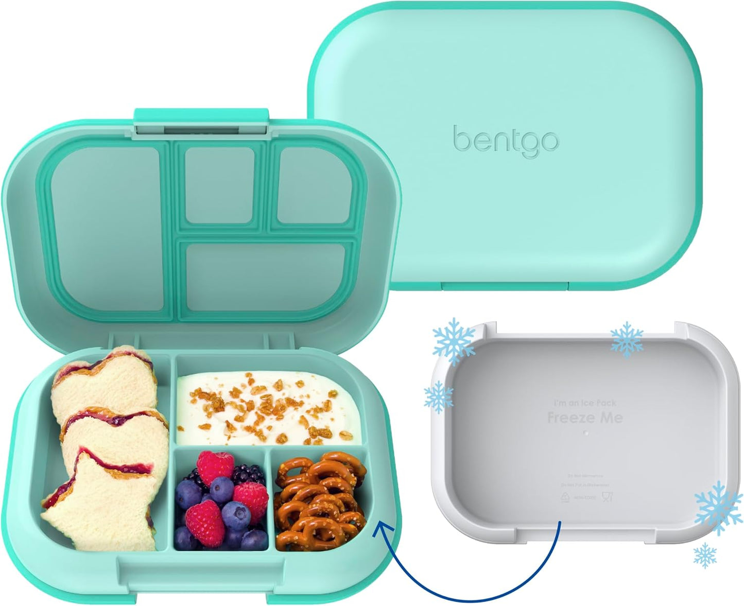 Bentgo Chill Kids Leak-Proof Lunch Box - 4-Compartment Bento Box with Built-In Ice Pack, 3.3 Cup Capacity, PFAS & BPA-Free, Microwave & Dishwasher Safe, Ideal Size for Ages 3 to 7 (Truly Teal)