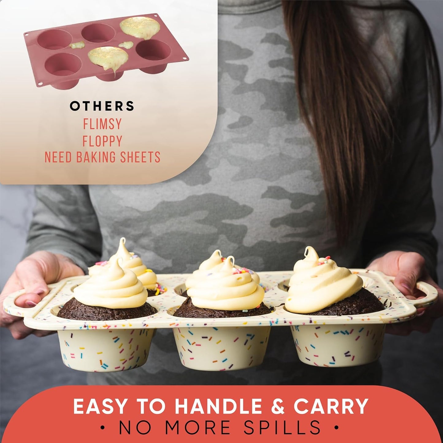 2-Pack Silicone Muffin Pan Set – Regular 12 Cup & Mini 24-Cup Silicone Muffin Pans for Baking – Nonstick Silicone Cupcake Pan with Metal-Reinforced Handles – BPA-Free, Dishwasher-Safe, Cream
