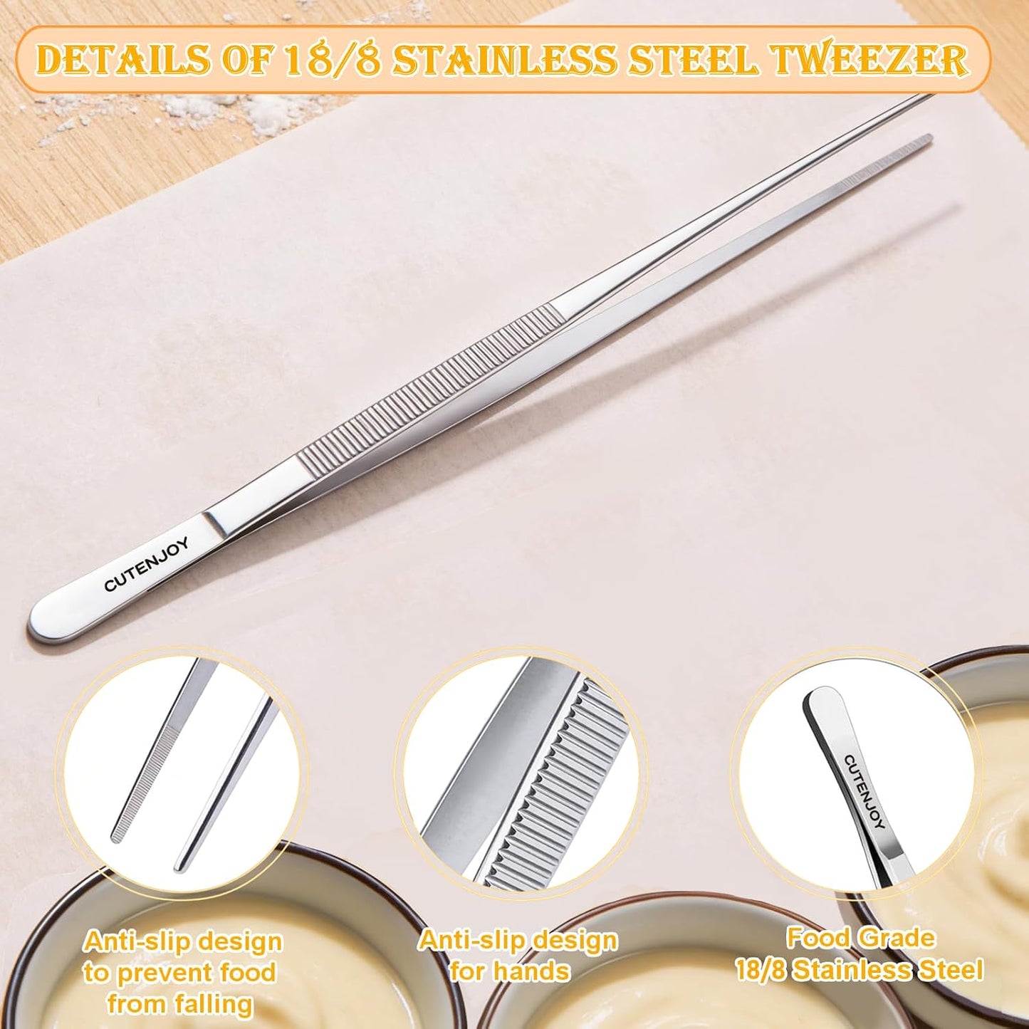 12-Inch Kitchen Tweezers, 18/8 Stainless Steel Metal Fine Tweezers Tongs, Professional Cooking Long Tweezers for Cooking, Chef, Serving Food, Grill, BBQ
