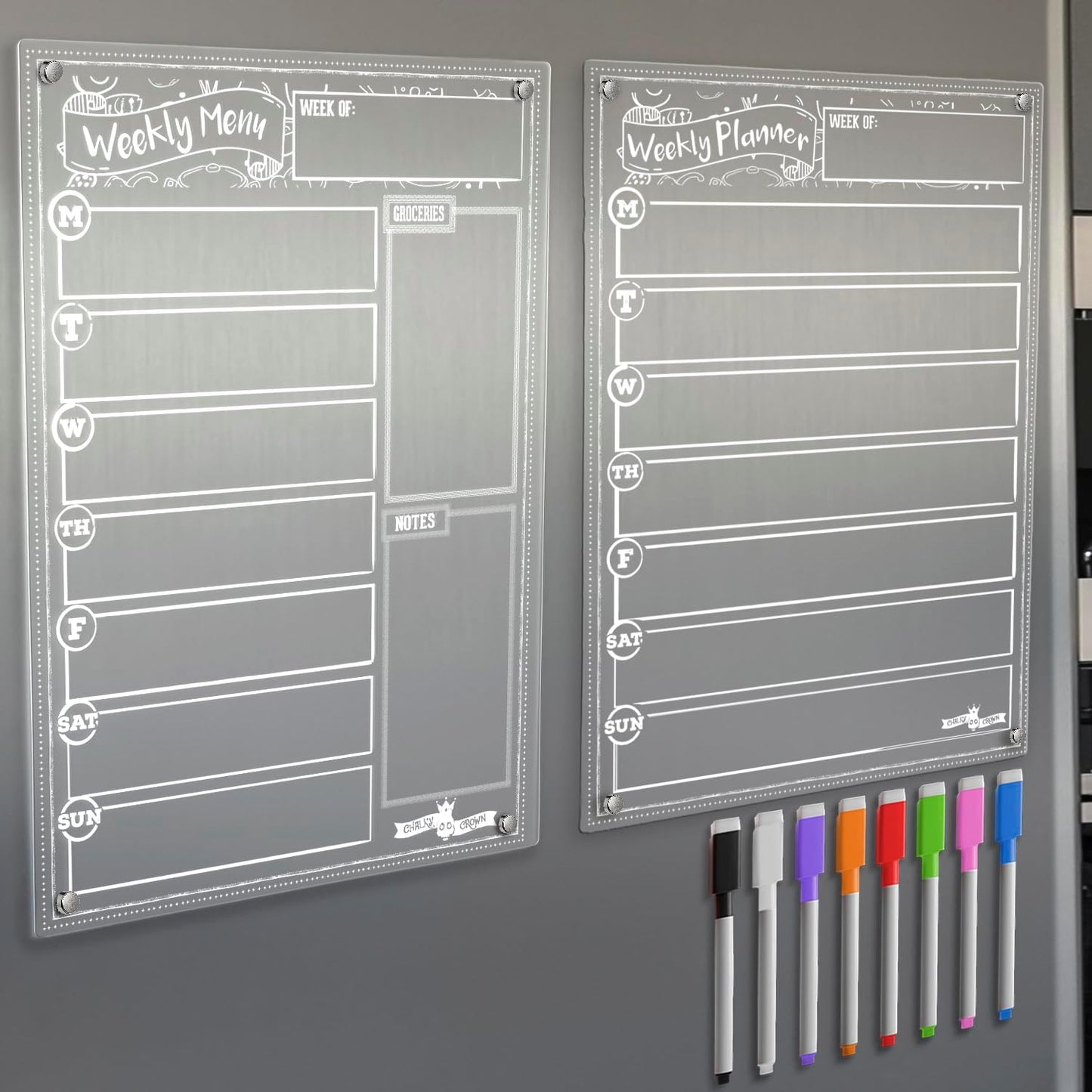 CHALKY CROWN Acrylic Magnetic Weekly Planner for Fridge - Menu Board for Kitchen with 8 Magnetic Markers - Weekly Meal Planner for Fridge with Grocery List & Notepad - Menu Planner (14.5x10.2)