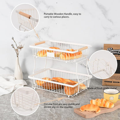 Fruit Basket Bowl 2 Tier Detachable with 2 Banana Hangers, Fruit Stand Holder for Kitchen Countertop, Metal Wire Vegetable Storage Organizer, for Bread Snack Veggies Produce, Black