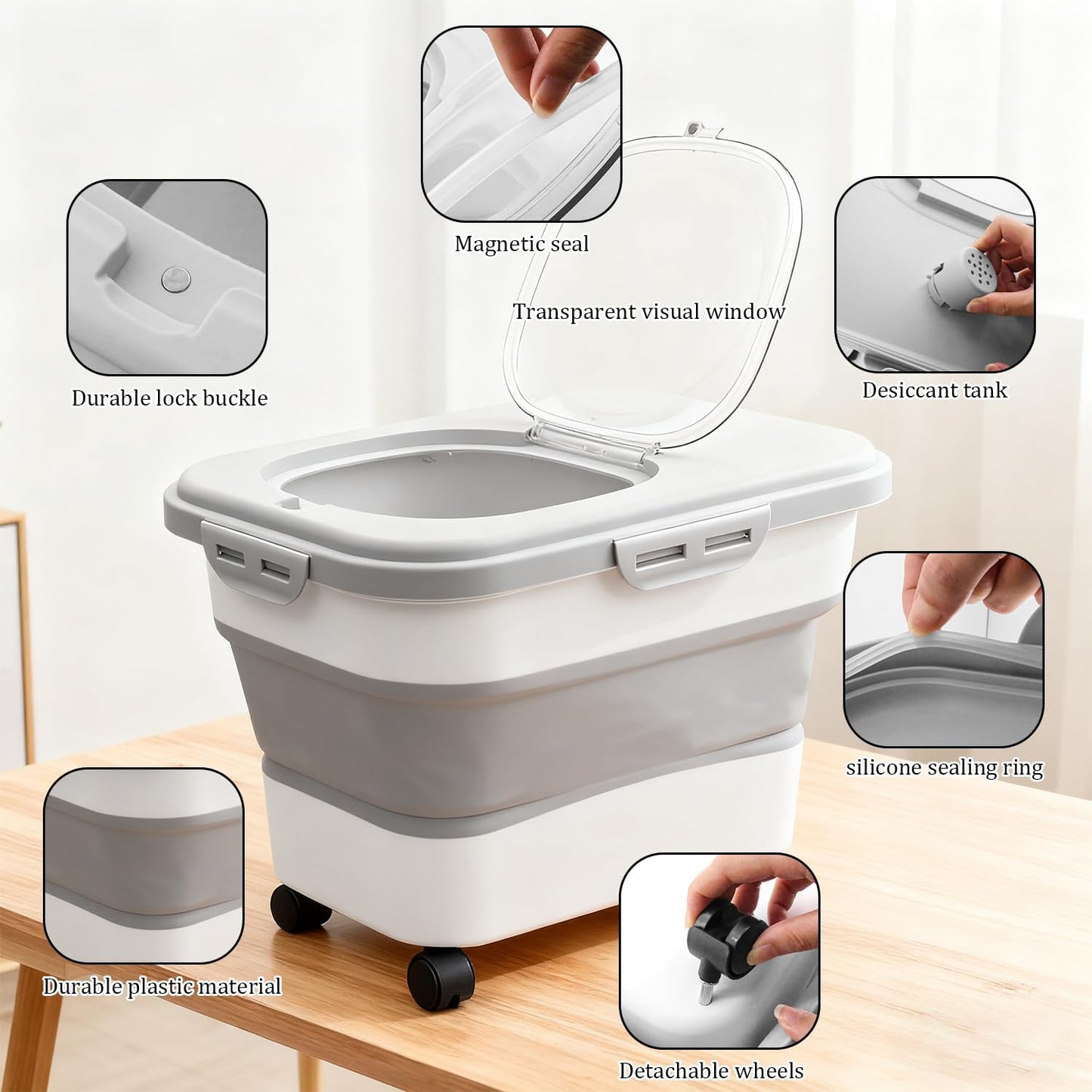 20-30 Lbs Rice and Pet Food Storage Container - Collapsible Airtight Food Storage with Rolling Wheel & Locking Lid, Flour Container with Cup & Scoop for Rice, Flour, Pet Food (Grey)