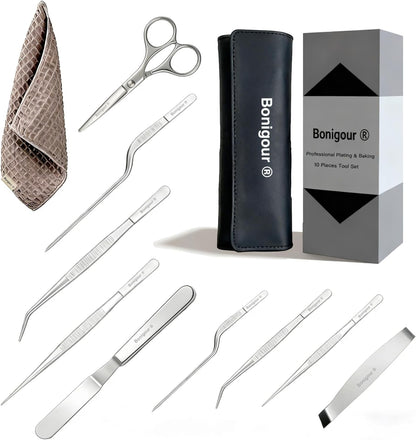 | Pastry Chef's Plating Tools Culinary Set | 10 Piece Professional Pastry Chef Plating Utensils | Spatula, Tweezers, Chef Scissors for Biscuit Decoration, Platig | Stainless Steel (Black)