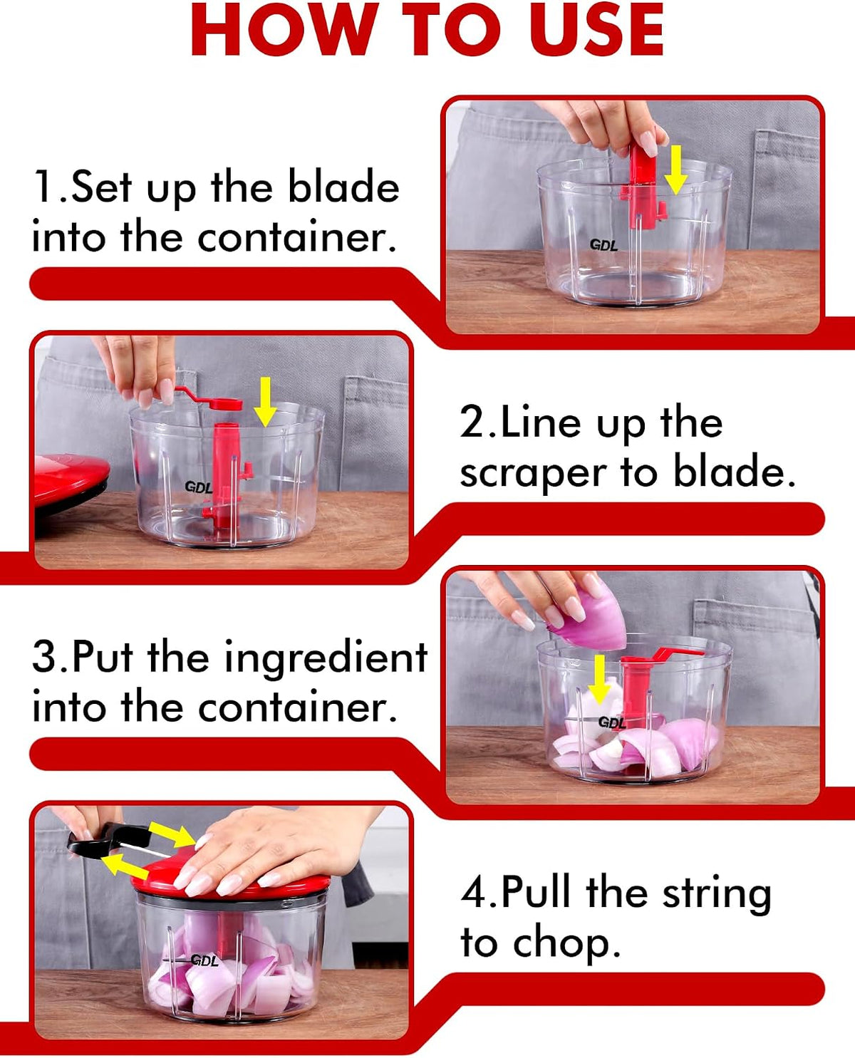GDL Food Chopper, Vegetable Chopper, Pull String Onion Chopper Dicer, 800ML