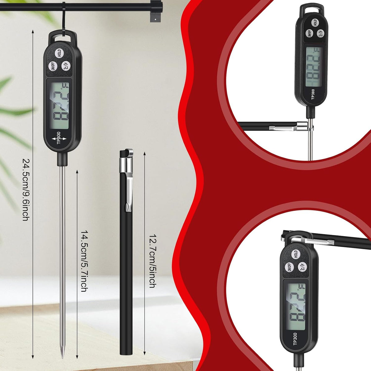 Copkim Food Thermometer Instant Read Probe BBQ,Red