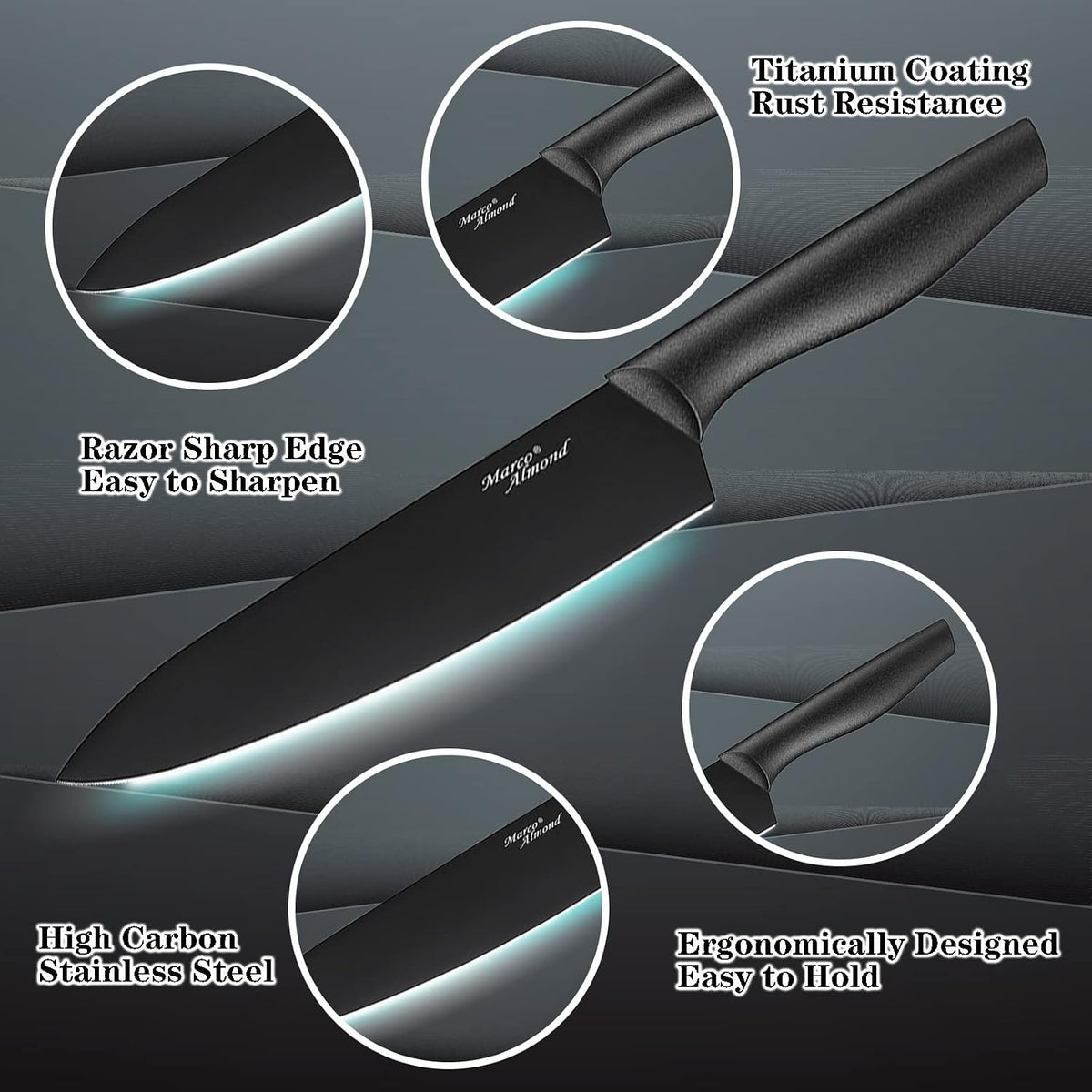 Marco Almond Kitchen Knife Set Chef Knife Set Black