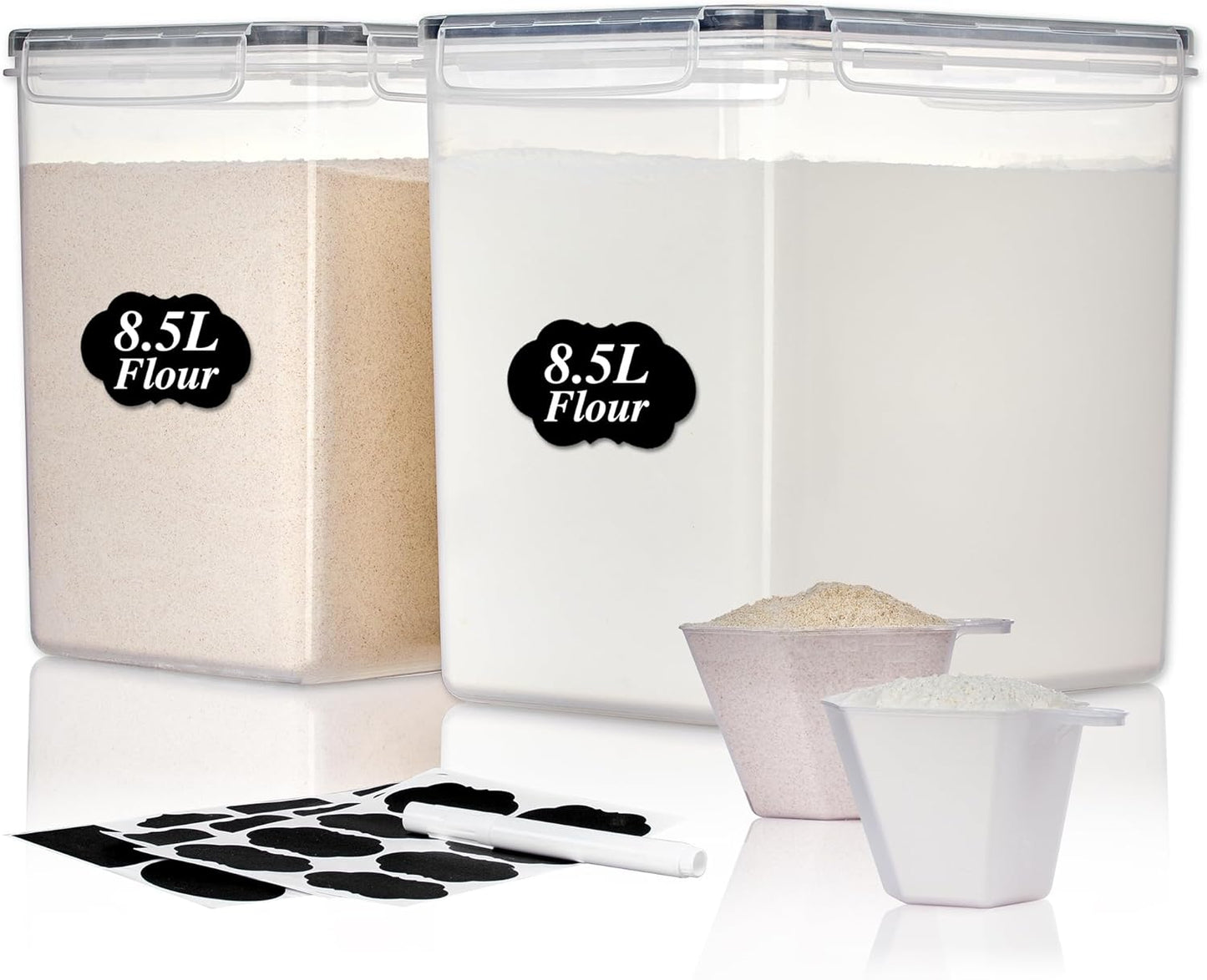 Vtopmart 4 PCS Large Food Storage Containers 5.2L / 175oz, 4 Pieces BPA Free Plastic Airtight Canisters for Flour, Sugar, Baking Supplies, Rice with Lids, 4 Measuring Cups and 24 Labels, Black