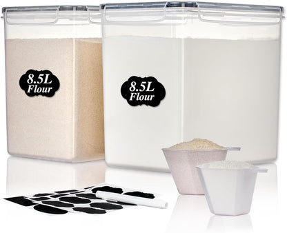 Vtopmart 4 PCS Large Food Storage Containers 5.2L / 175oz, 4 Pieces BPA Free Plastic Airtight Canisters for Flour, Sugar, Baking Supplies, Rice with Lids, 4 Measuring Cups and 24 Labels, Black