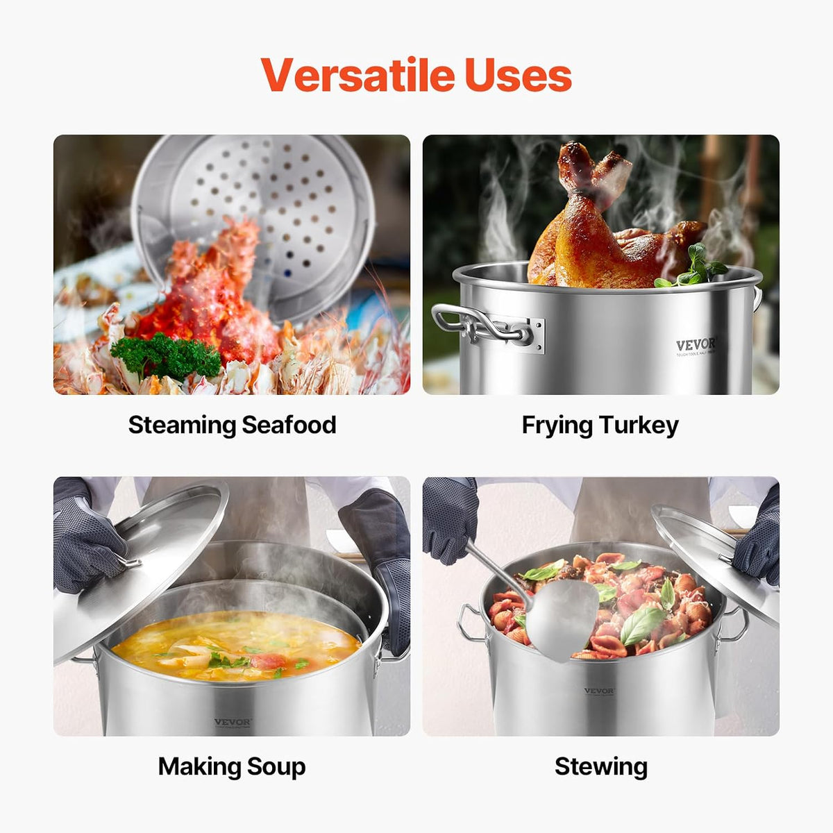 VEVOR Stainless Steel Stockpot, 42 Quart Large Cooking Pots, Cookware Sauce Pot with Strainer, Lid, and Handle, Heavy Duty Commercial Grade Stock Pot, Sanding Treatment, for Large Groups Events Silver