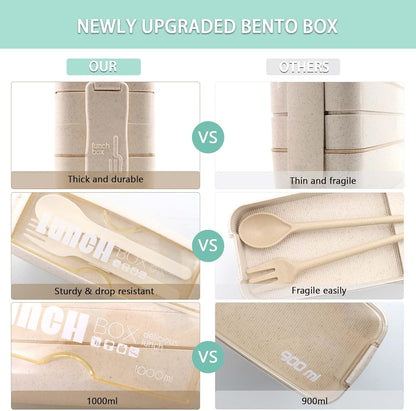 Bento Box Japanese Lunch Box Kit Leakproof Bento Lunch Box for Kids Adults Wheat Straw 3 Layer Stackable Lunch Containers with Compartment Eco-Friendly Meal Prep Containers (Beige)
