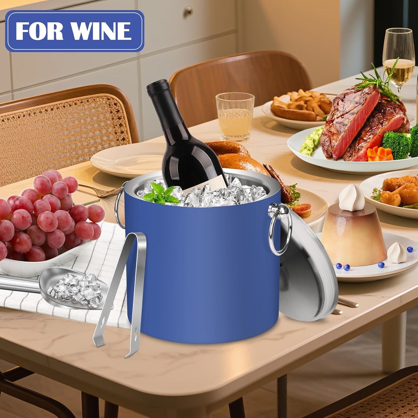 Ice Bucket with Lid & Tong- Well Made Insulated Stainless Steel Keep Ice Frozen Longer - Ideal for Cocktail Bar, Parties, Chilling Wine, Champagne - 3 Liter (Black)