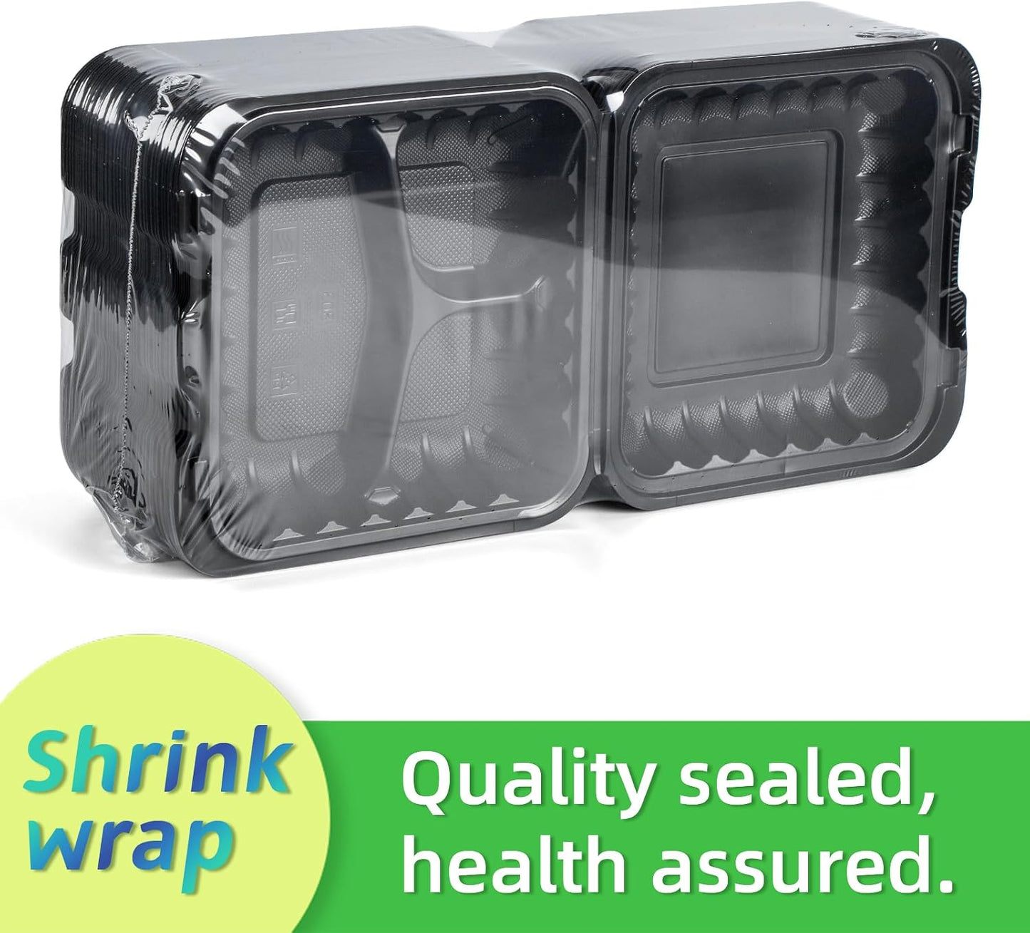 Takeout Container Mineral Filled PP Plastic - 7.8 Inch 30oz 65 Pack BPA Free 3 Compartments Shrink Wrap Bento Box | Freezer & Microwave Safe for Picnic | Black Reusable & Disposable Containers