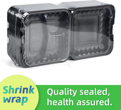 Takeout Container Mineral Filled PP Plastic - 7.8 Inch 30oz 65 Pack BPA Free 3 Compartments Shrink Wrap Bento Box | Freezer & Microwave Safe for Picnic | Black Reusable & Disposable Containers